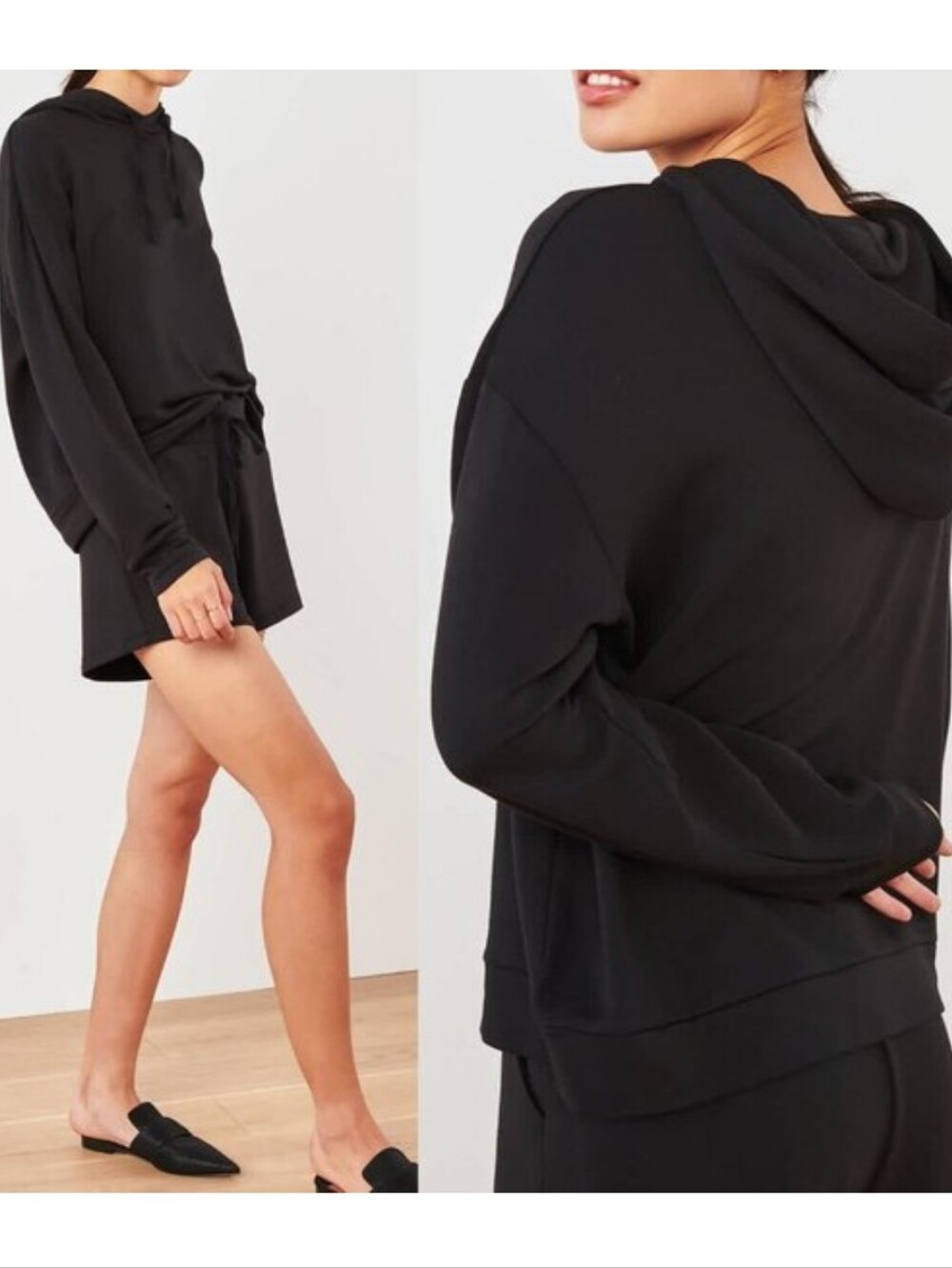 Quince SuperSoft Fleece Pullover Hoodie Solid Black Cropped Sweatshirt Size XS